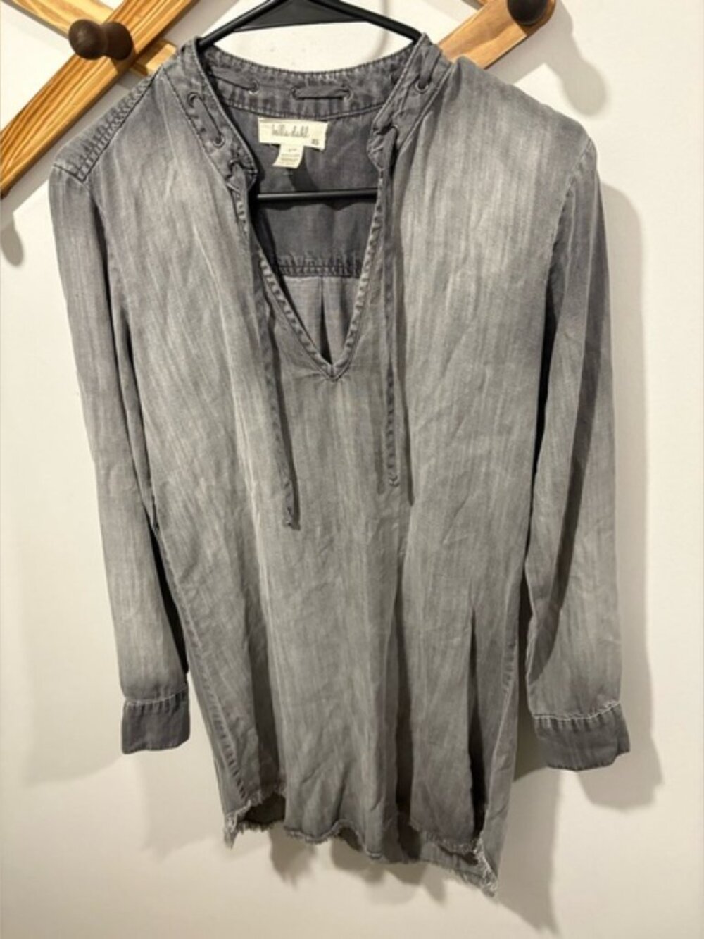 Bella Dahl Stone Wash Grey Long Sleeve Frayed Tunic Dress - Picture 2 of 7
